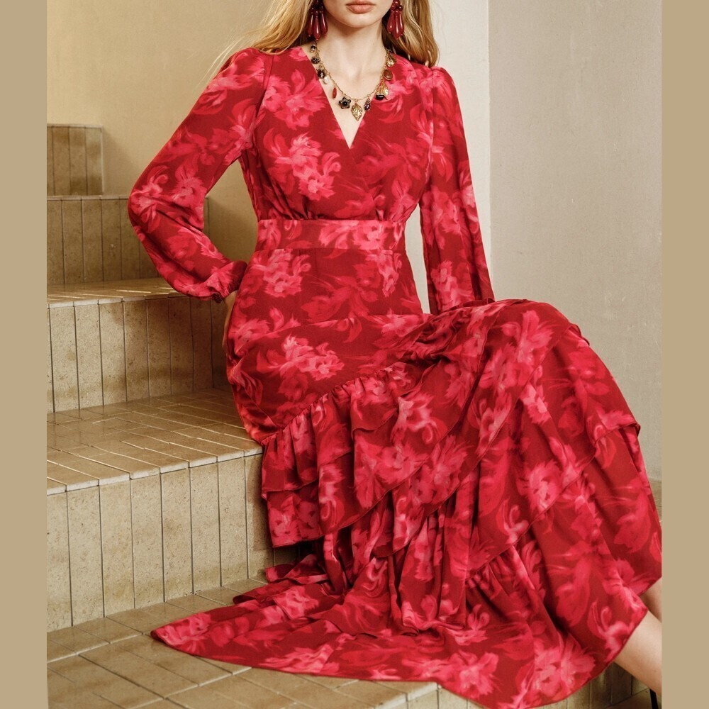 Red Floral V Neck Tiered Ruffle Maxi Dress with Bishop Sleeves